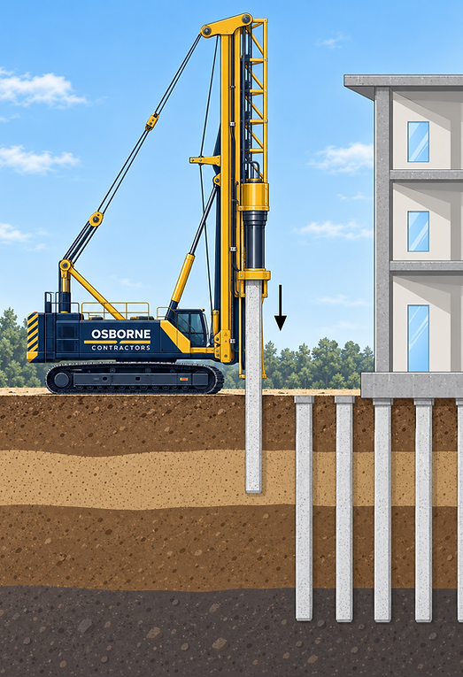 Illustration of a piling rig driving a precast concrete pile, with a cutaway of piles supporting a building