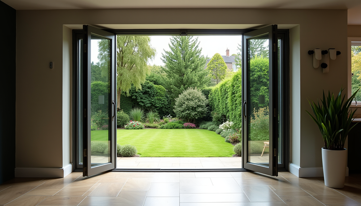 Eye-level view of a modern garden room with large glass doors opening to a lush Glasgow backyard