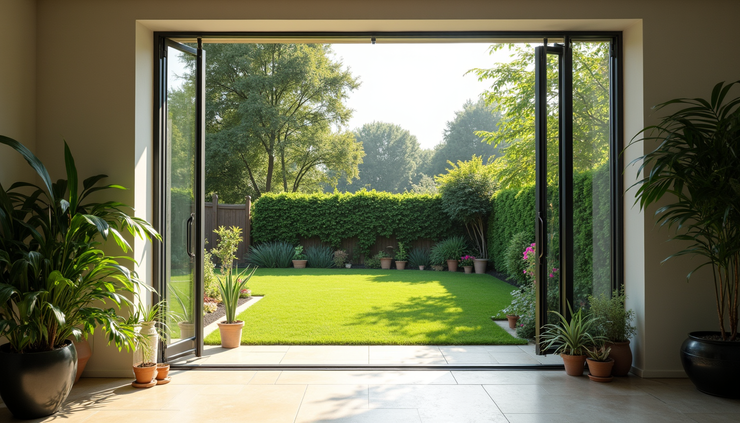 Eye-level view of a modern garden room with large glass doors opening to a green lawn