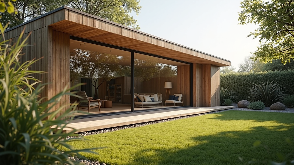 Eye-level view of a bespoke garden room with large windows and wooden exterior