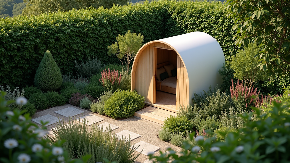 High angle view of garden with insulated garden pod and surrounding greenery