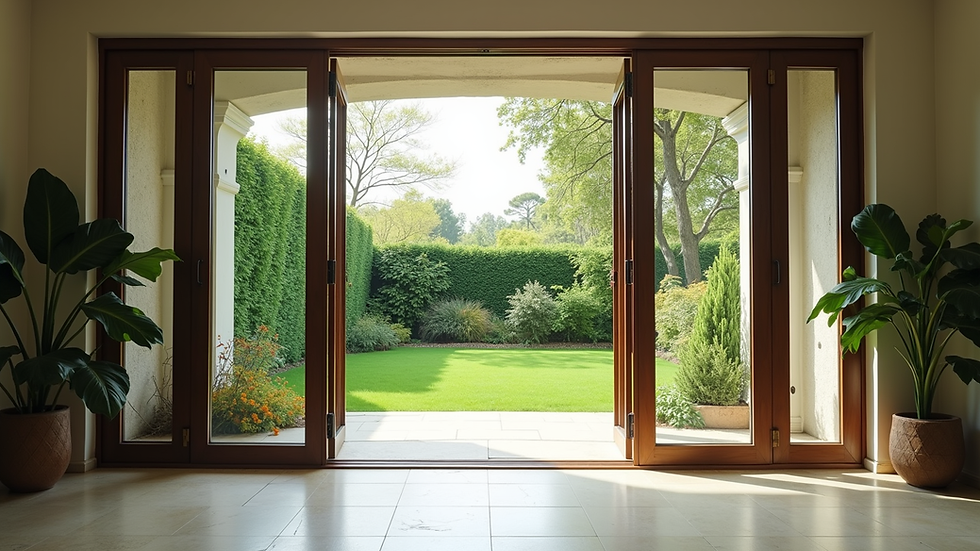 Eye-level view of a modern garden room with large glass doors opening to a green garden
