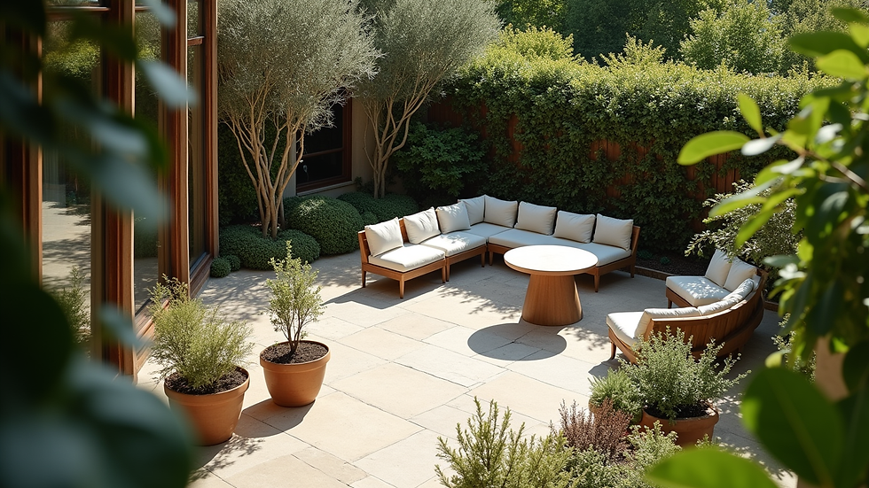 High angle view of a garden room patio with outdoor seating and plants