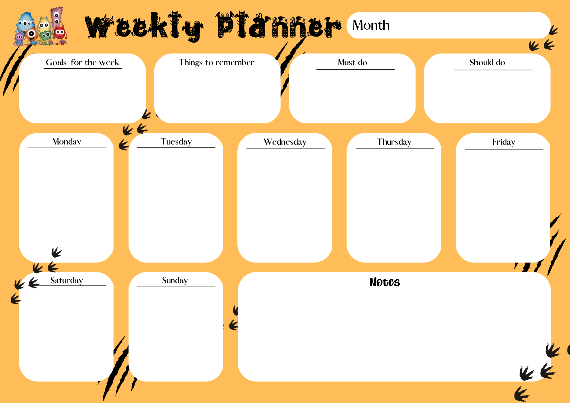 Weekly planner Monster theme
