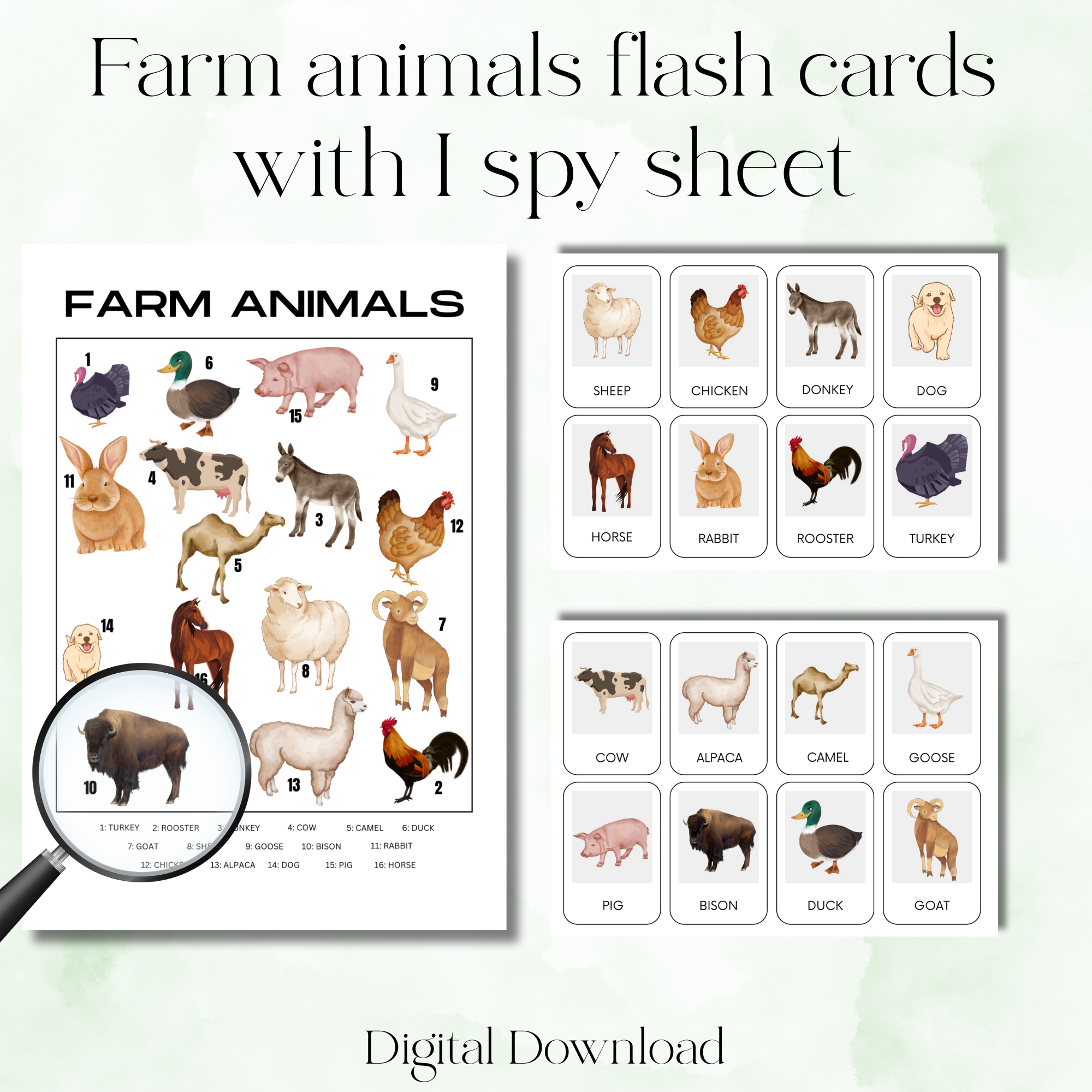 Farm Animals Flash Cards & I Spy Printable – Digital Download