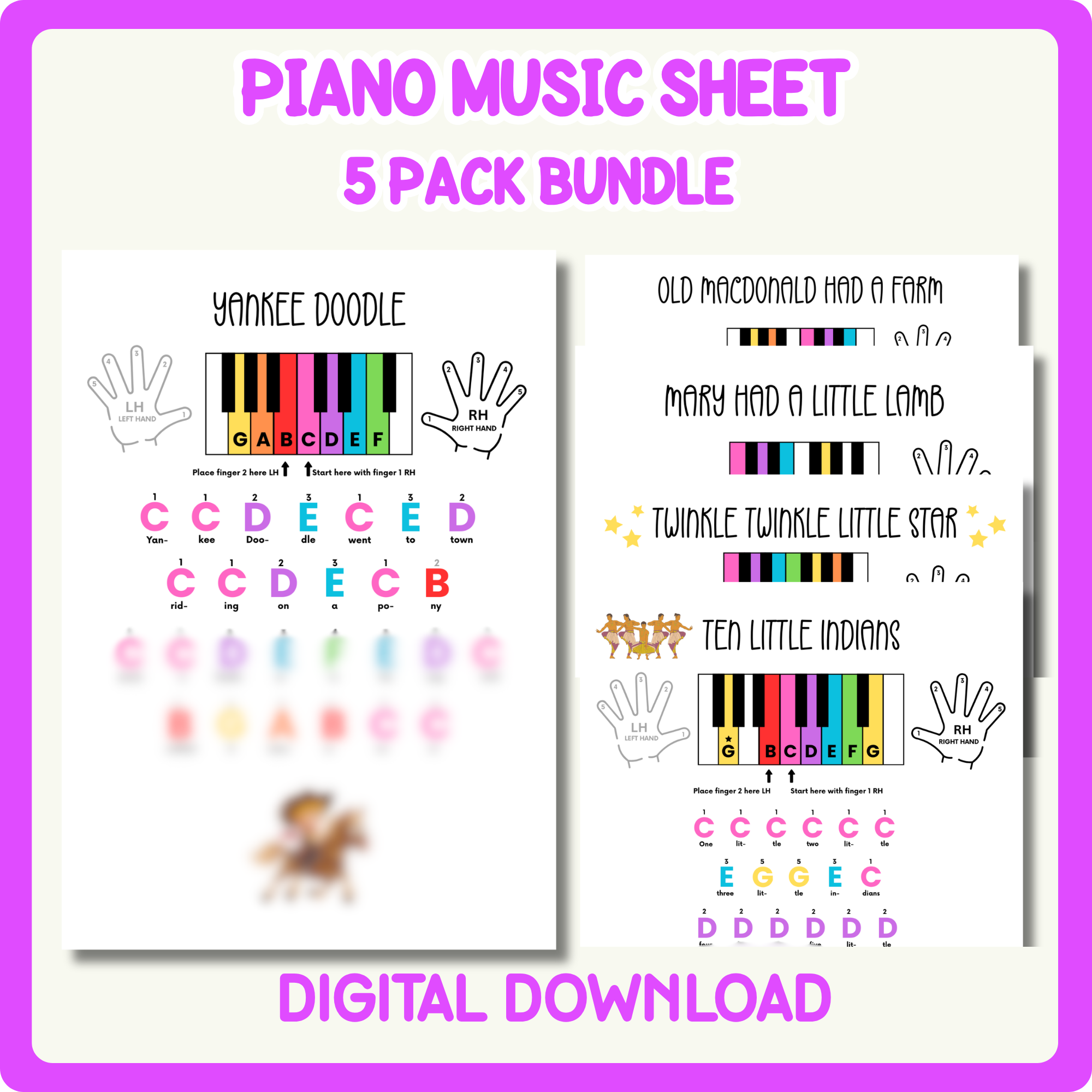 Beginner Piano Music Sheets for Kids – 5 Song Colour Coded Bundle | Printable