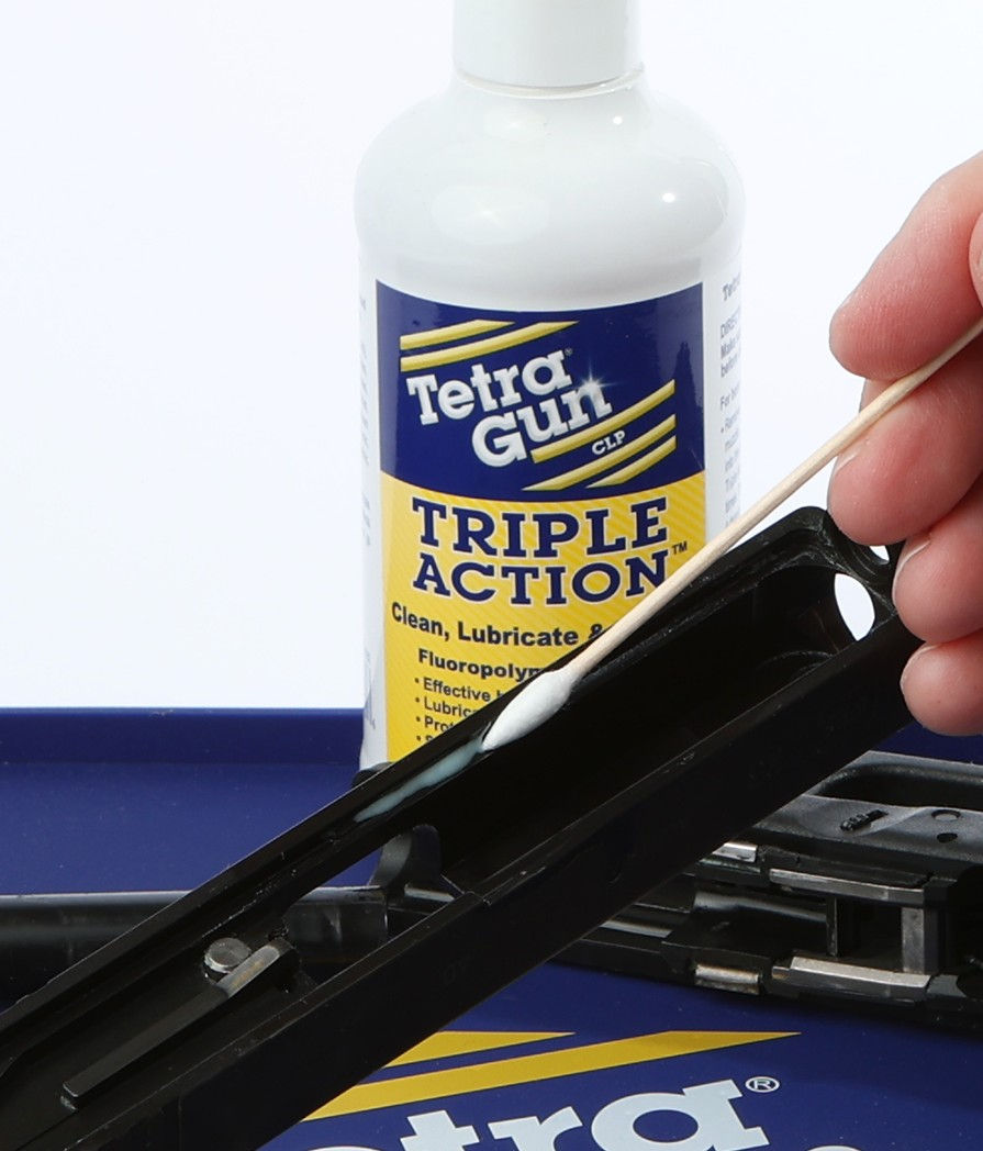 Gun Grease on pistol rails, focused on high-wear parts most vulnerable to friction. Tetra Gun is simply the best.