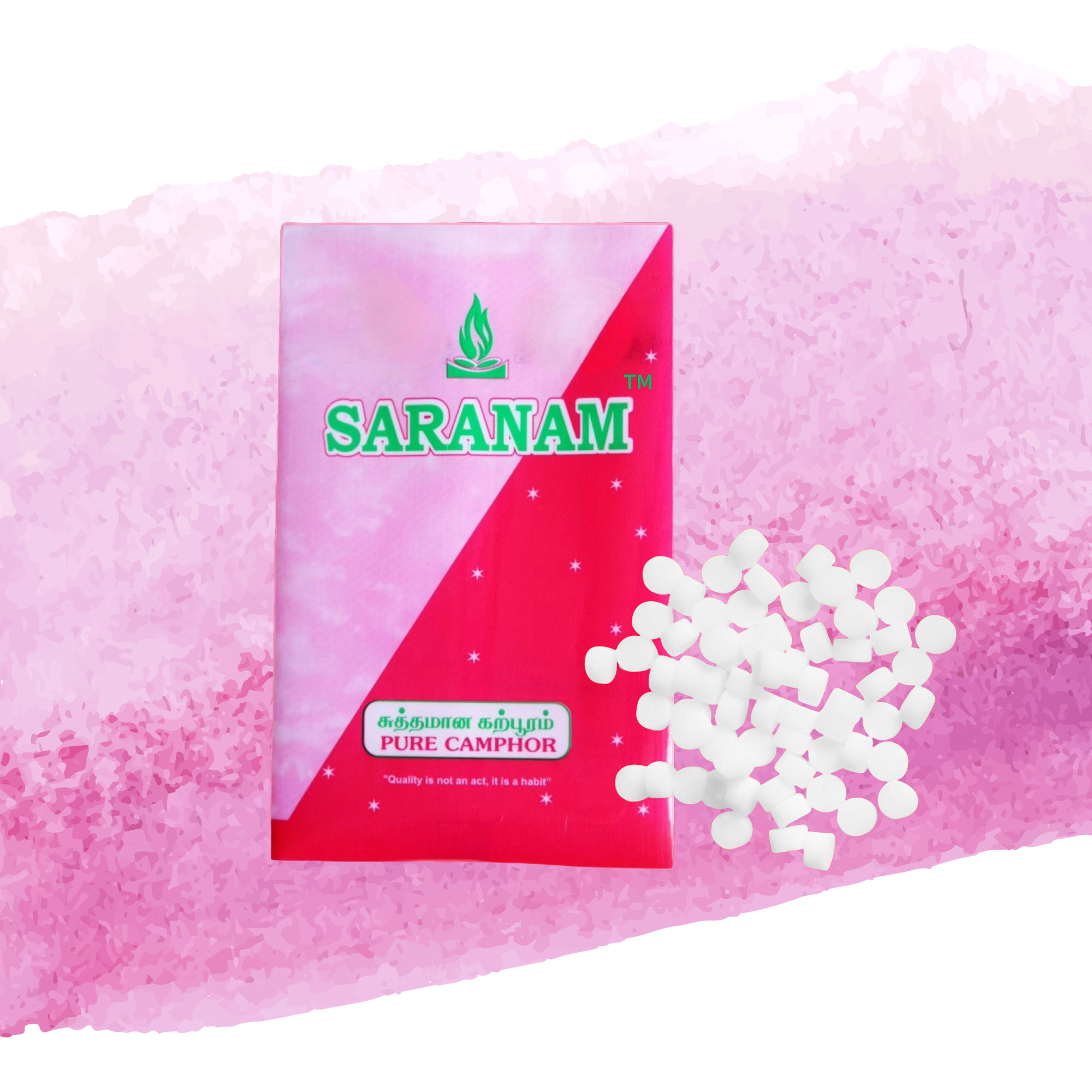 20g camphor round tablets and front packaging TM - saranam