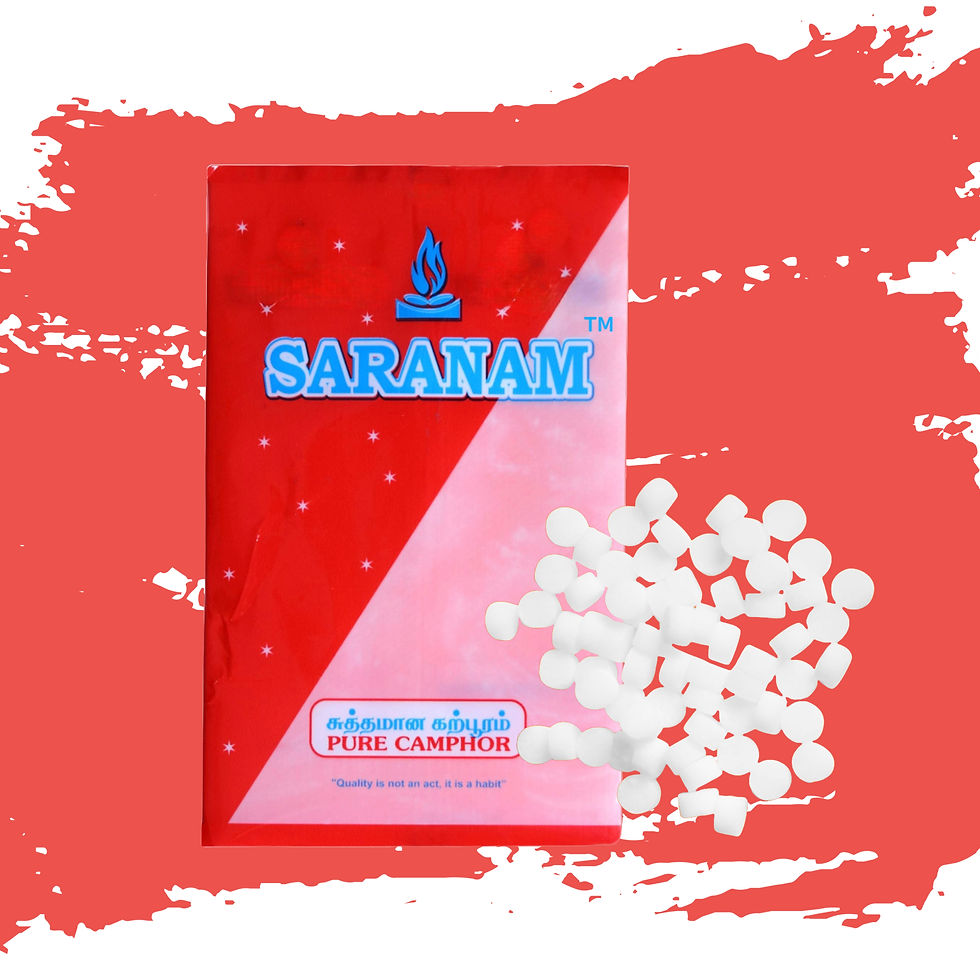 40g camphor round tablets and front packaging TM - saranam