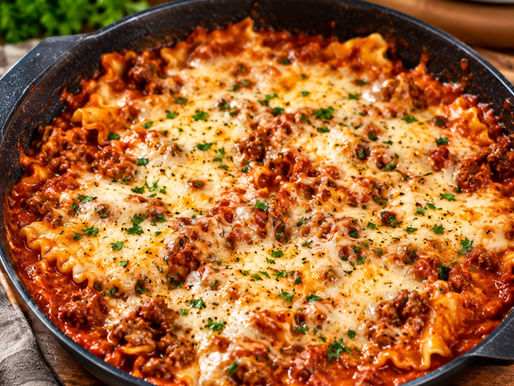 One pan skillet lasagna topped with melted mozzarella, parmesan cheese, and fresh parsley in a cast iron skillet, made with ground turkey, Italian sausage, pasta sauce, and broken lasagna noodles.