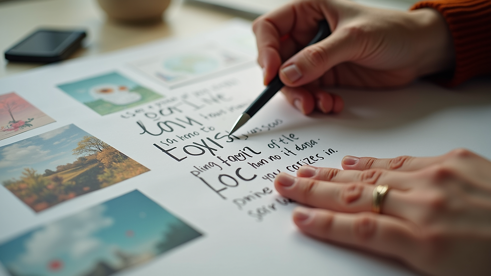 Close-up view of hands cutting out inspirational words and images for a vision board