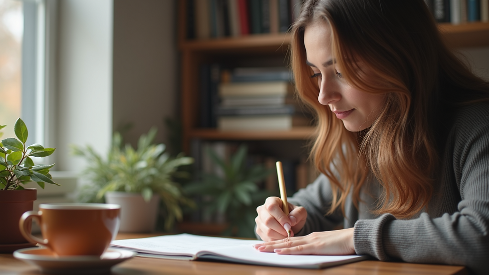 Eye-level view of a woman journaling with a cup of tea nearby