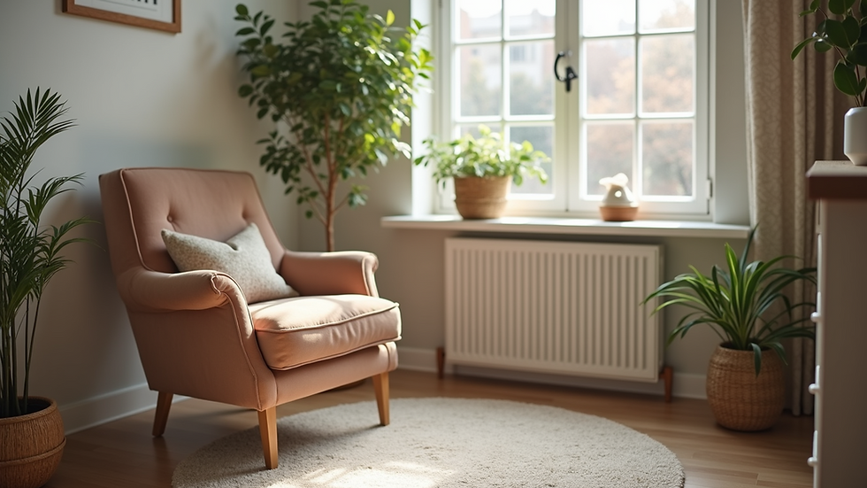 Eye-level view of a cozy therapy office with a comfortable chair and soft lighting
