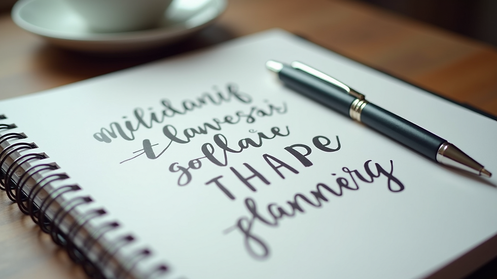 Close-up view of a planner with motivational quotes and a pen