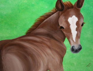 Brown foal painting, green background