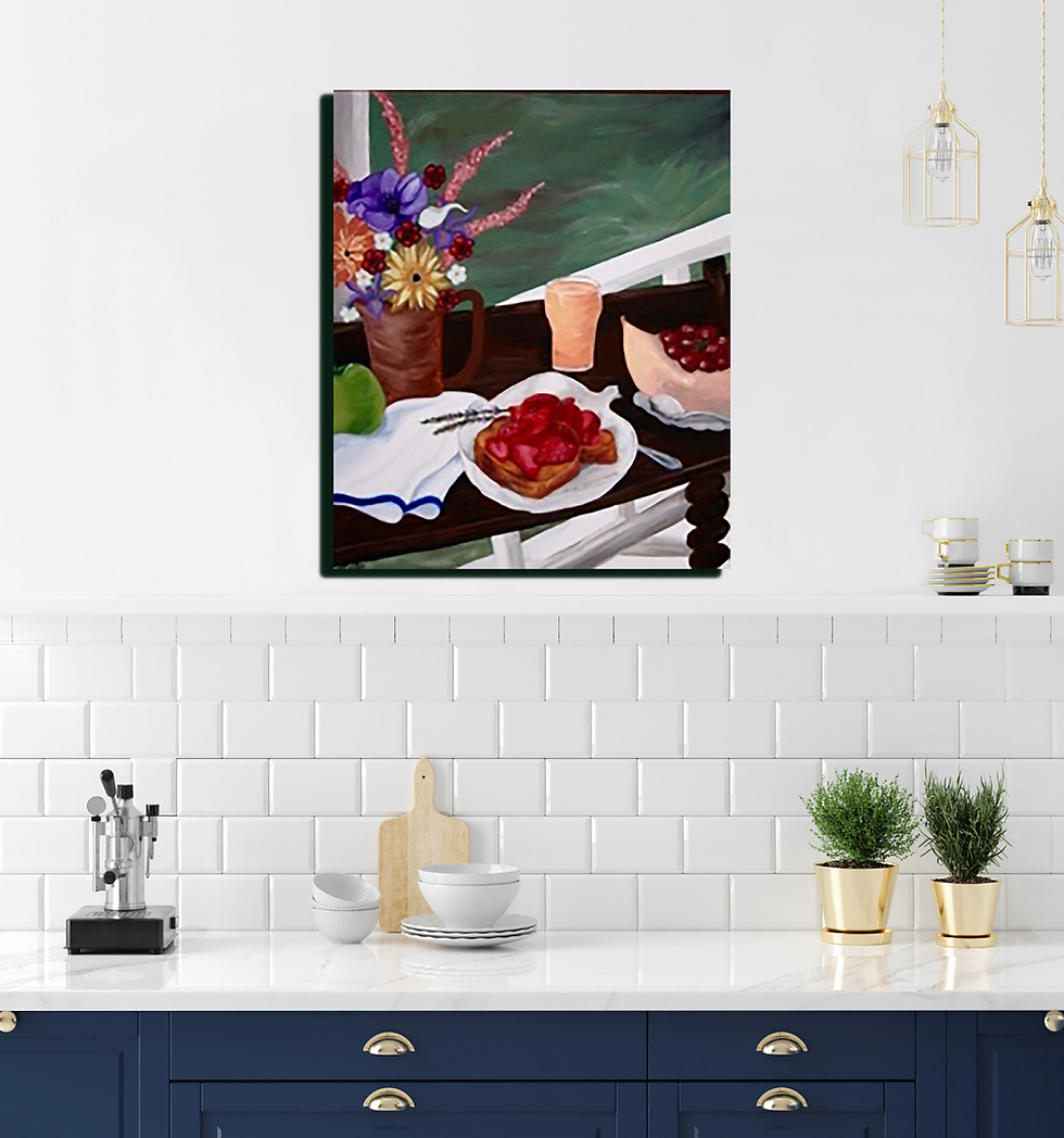 Painting of a summer breakfast: flowers, toast, fruit, and juice