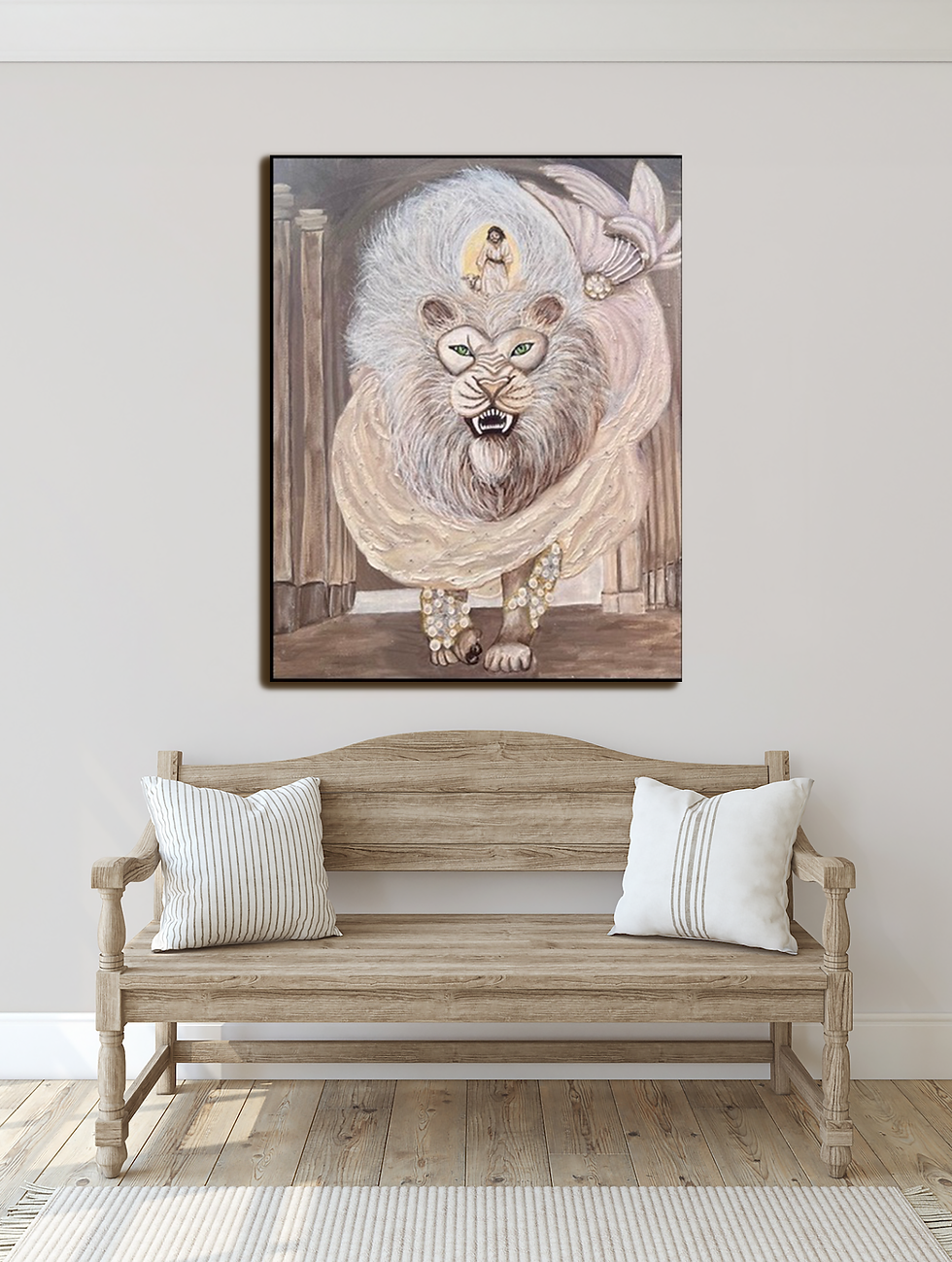 Thumbnail: Painting of a lion with a figure on its head, in a grand setting.