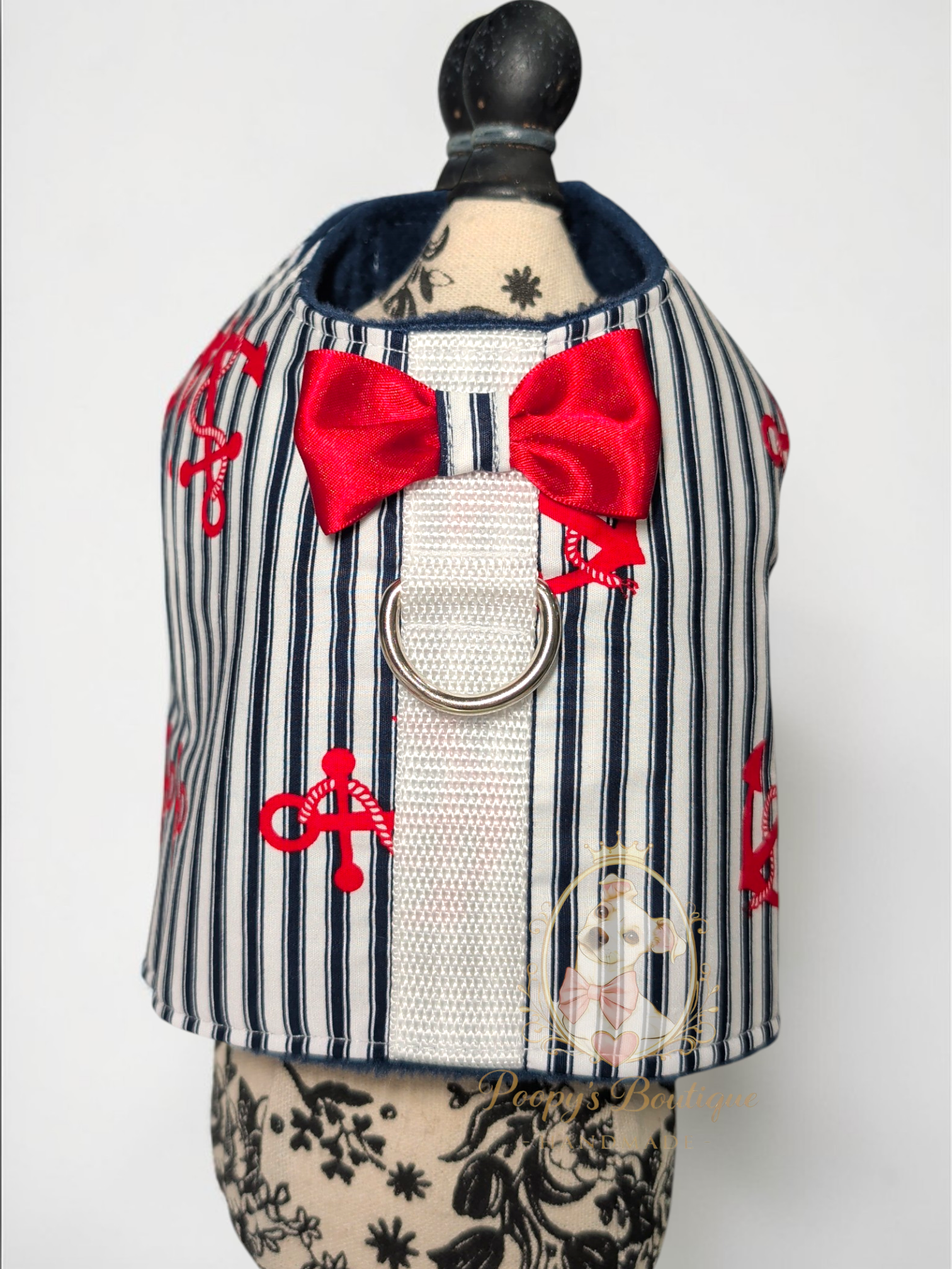 Handmade Sailor Dog Harness – Nautical Cotton Harness with Red Bow b