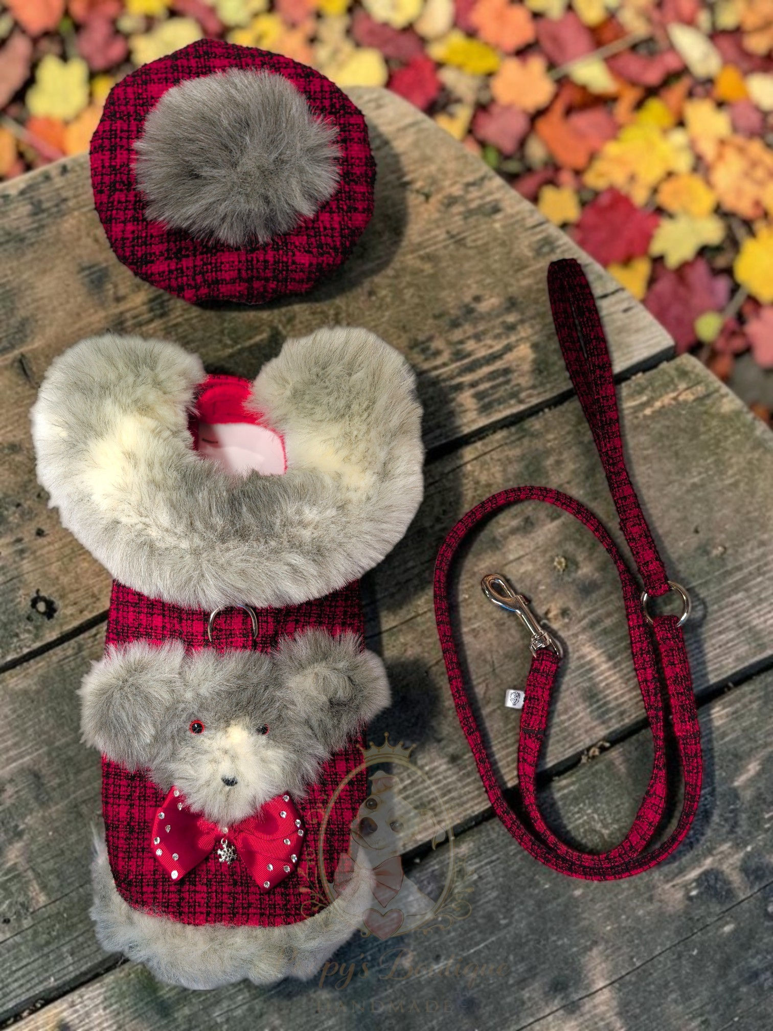 ❤️ RUBY – ONE-OFF LUXURY TEDDY BEAR COAT, BERET & LEAD SET ❤️ 11-12" n 15-16"r