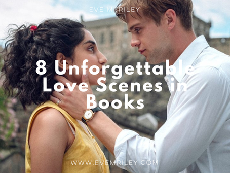 mand and woman looking at each other with text '8 unforgettable love scenes in books'