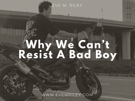 Man on a motorbike with 'Why we can't resist a bad boy'