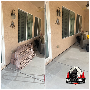 Before and after yard cleanup in Anthem Hills Henderson NV showing removal of 1300 lbs of cinder blocks and heavy outdoor debris by a professional junk removal team