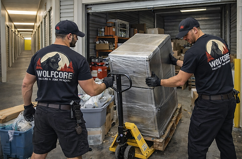 Wolfcore Hauling & Junk Removal team safely removing a heavy commercial appliance from a storage unit using proper lifting equipment.