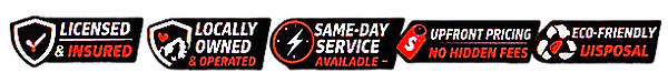 Five service badges for Wolfcore Hauling & Junk Removal highlighting same day and next day pickup, licensed and insured, locally owned and operated, upfront pricing, and eco-friendly junk removal.