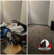 Before and after junk removal project in Green Valley North, Henderson, NV showing large household junk pile completely cleared and cleaned by Wolfcore Hauling & Junk Removal for a residential property cleanup.