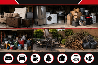 junk removal in Paradise Hills Henderson NV showing furniture mattresses appliances garage clutter storage boxes patio furniture and yard debris ready for removal from residential property
