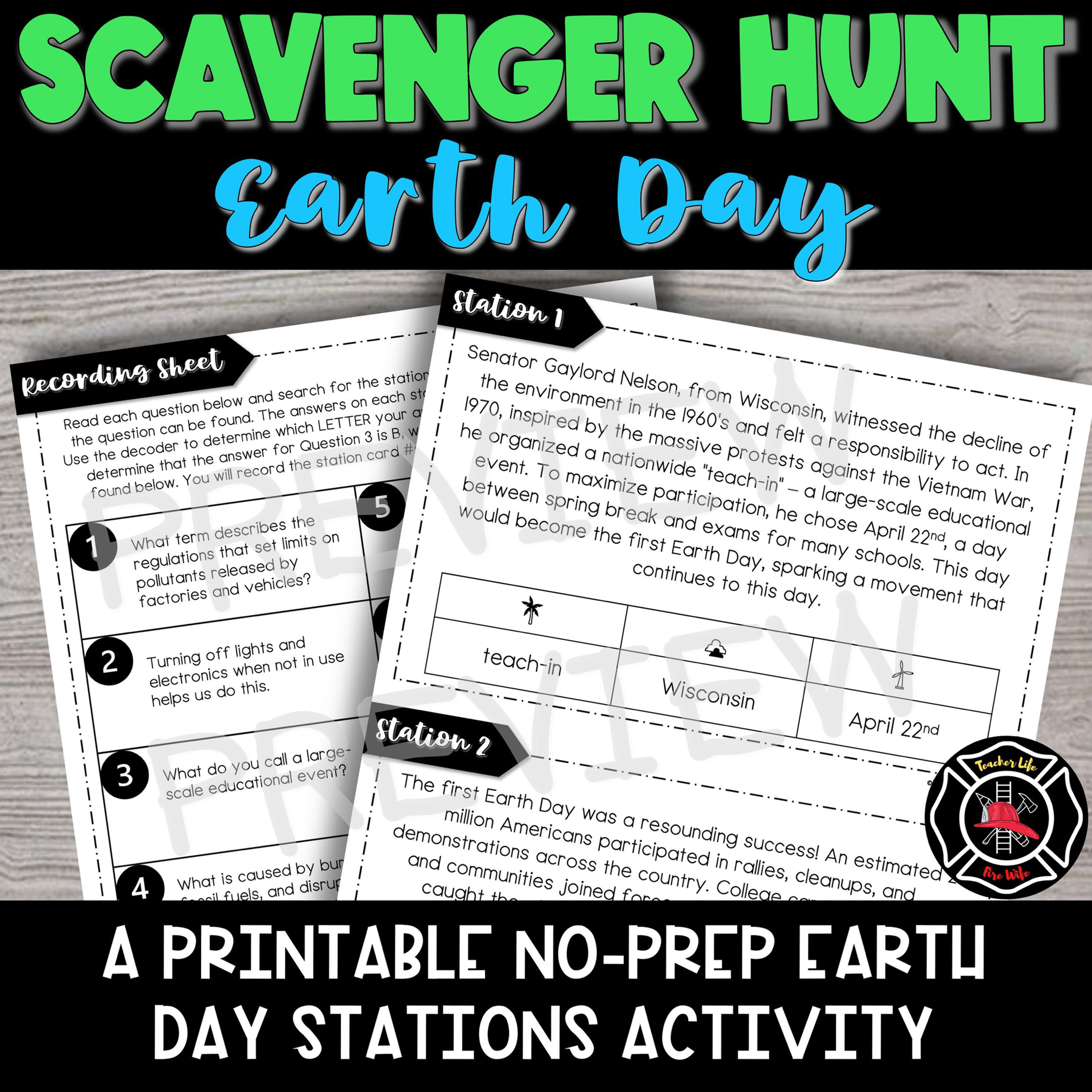 Earth Day SCAVENGER HUNT STATIONS - Reading Comprehension - Science Activity