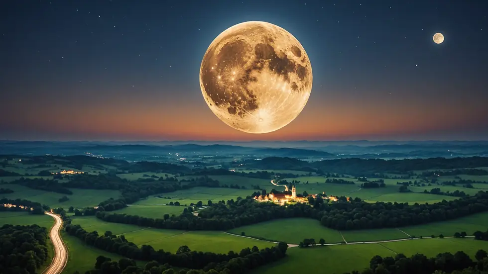 High-angle view of a full moon illuminating a peaceful landscape