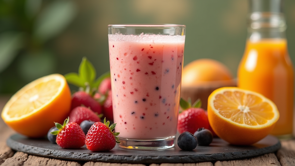 Visão frontal de um copo com shake proteico ao lado de frutas frescas