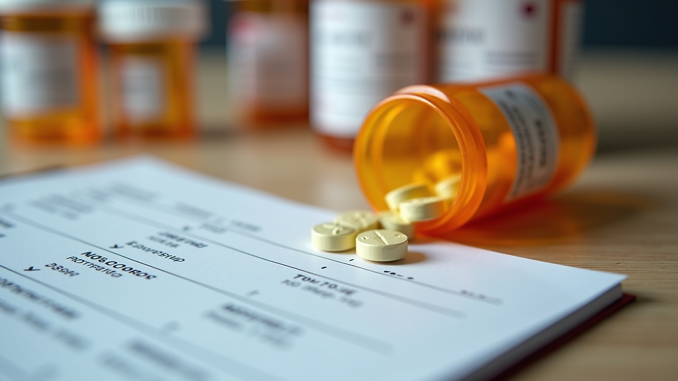 Close-up view of medication bottles and a prescription pad on a wooden table