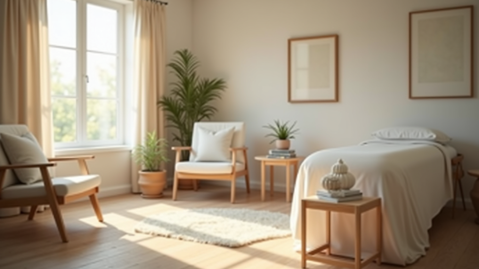 Close-up view of a calm therapy room with natural light and comfortable seating