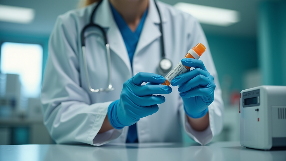 Close-up view of a nurse practitioner administering medication in a clinical environment