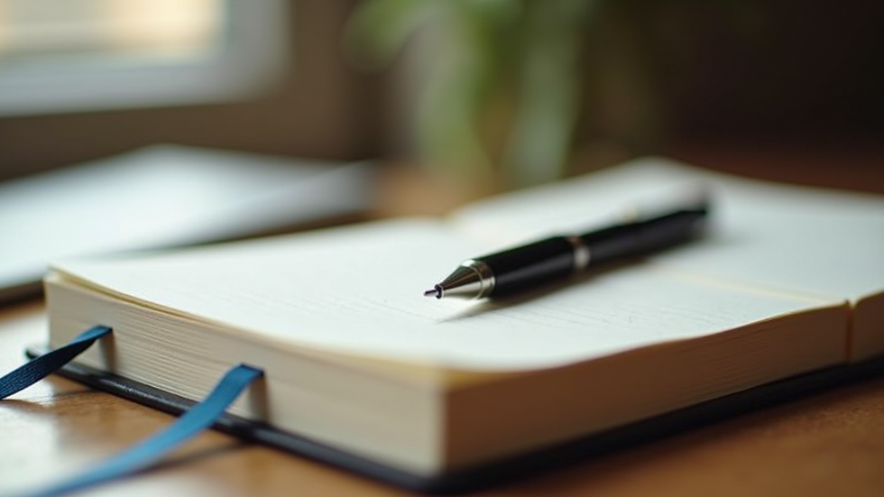 Close-up view of a journal and pen on a wooden table