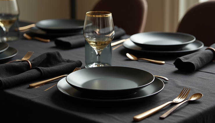 High angle view of a modern tablescape with black plates and gold flatware on a dark table