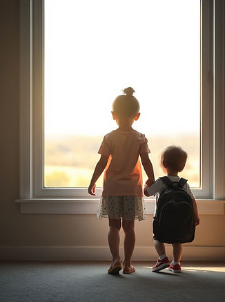 A Widow and her child looking forward perhaps gazing out of a window at a bright sunlit la