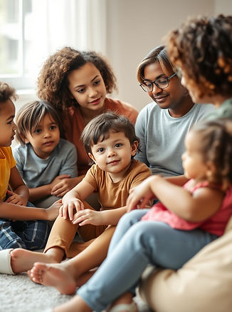 A diverse group of children and compassionate adults sitting together in a bright comforti