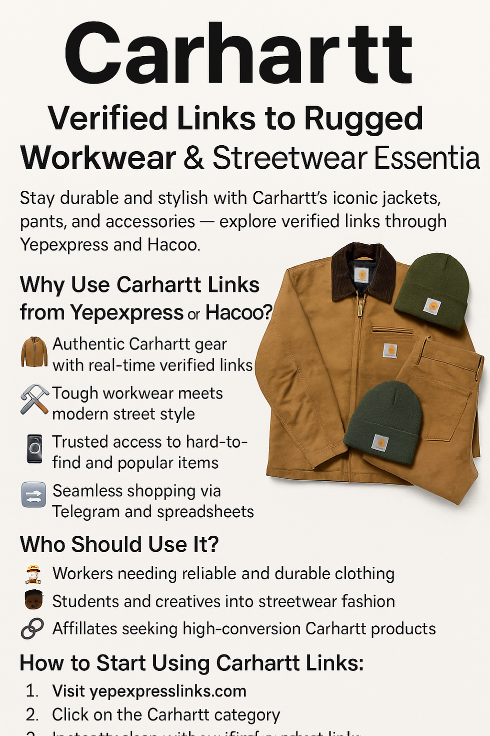 Vêtements de travail et streetwear Carhartt via des liens vérifiés de Yepexpress et Hacoo