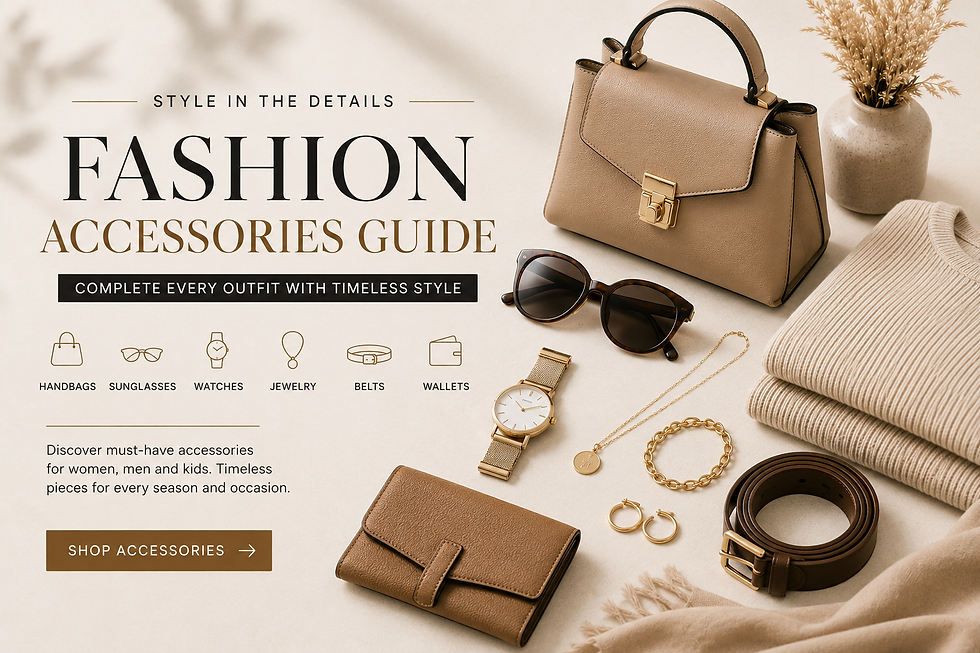 Premium flat lay featuring a handbag, sunglasses, watch, jewelry, wallet, belt, and knitwear representing a complete fashion accessories guide.