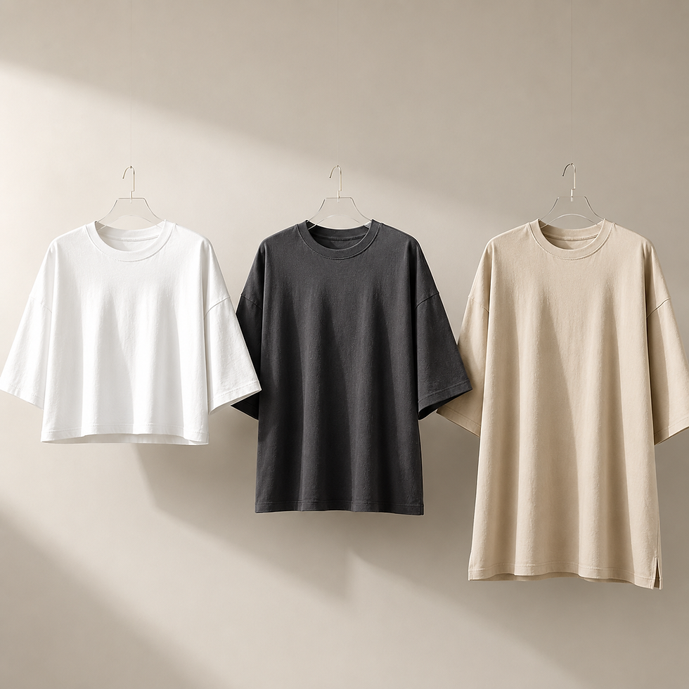 Neutral boxy T-shirts shown in cropped and regular lengths for the Hacoo fit guide