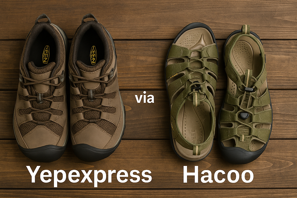 Keen adventure shoes and durable outdoor sandals displayed for hiking and travel, available through Yepexpress and Hacoo links