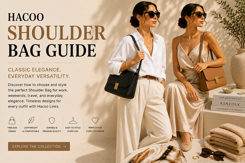 Two elegant women carrying black and camel leather shoulder bags styled with cream wide-leg trousers, a beige satin midi dress, white sneakers, nude ballet flats, oversized sunglasses, and layered gold jewelry in a warm neutral studio representing timeless women's handbags.