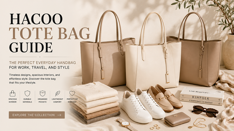 Elegant beige, cream, and taupe tote bags displayed with white sneakers, loafers, folded knitwear, sunglasses, minimalist watch, and gold jewelry on a warm cream background representing timeless everyday handbags.