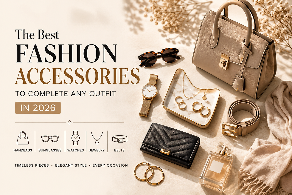 Luxury fashion accessories including a beige handbag, sunglasses, watch, jewelry, belt, wallet, and perfume arranged on a neutral background.
