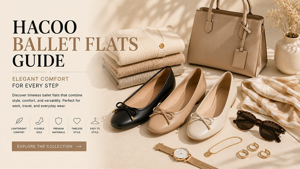 Elegant black, beige, and cream ballet flats displayed with a structured handbag, folded knitwear, sunglasses, minimalist watch, silk scarf, and gold jewelry on a warm cream background representing timeless women's footwear.