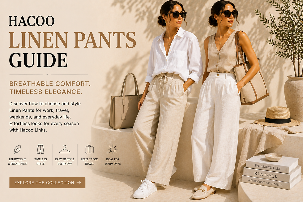 Two elegant women wearing beige and white linen pants styled with oversized white shirts, sleeveless blouses, white sneakers, leather loafers, structured tote bags, oversized sunglasses, and minimalist gold jewelry in a warm neutral studio representing timeless women's fashion.