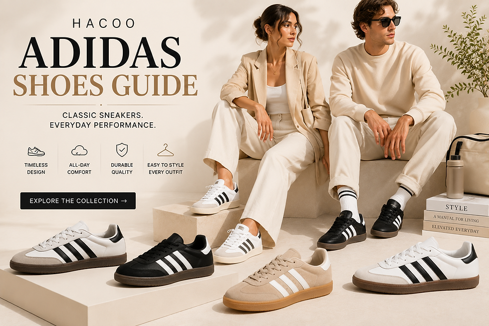 Two stylish adults wearing neutral fashion outfits with premium white, black, beige, and gray classic sneakers displayed prominently in a luxury studio setting, representing timeless everyday footwear and modern casual style.